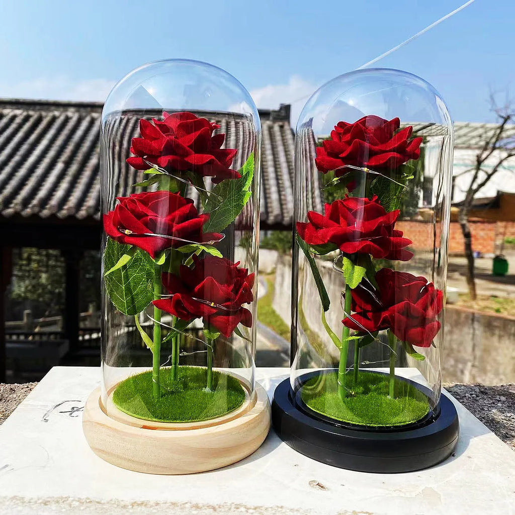 LED-Galaxie-Rosen unter Glaskuppel – 3 Rosen als leuchtendes Valentinsgeschenk