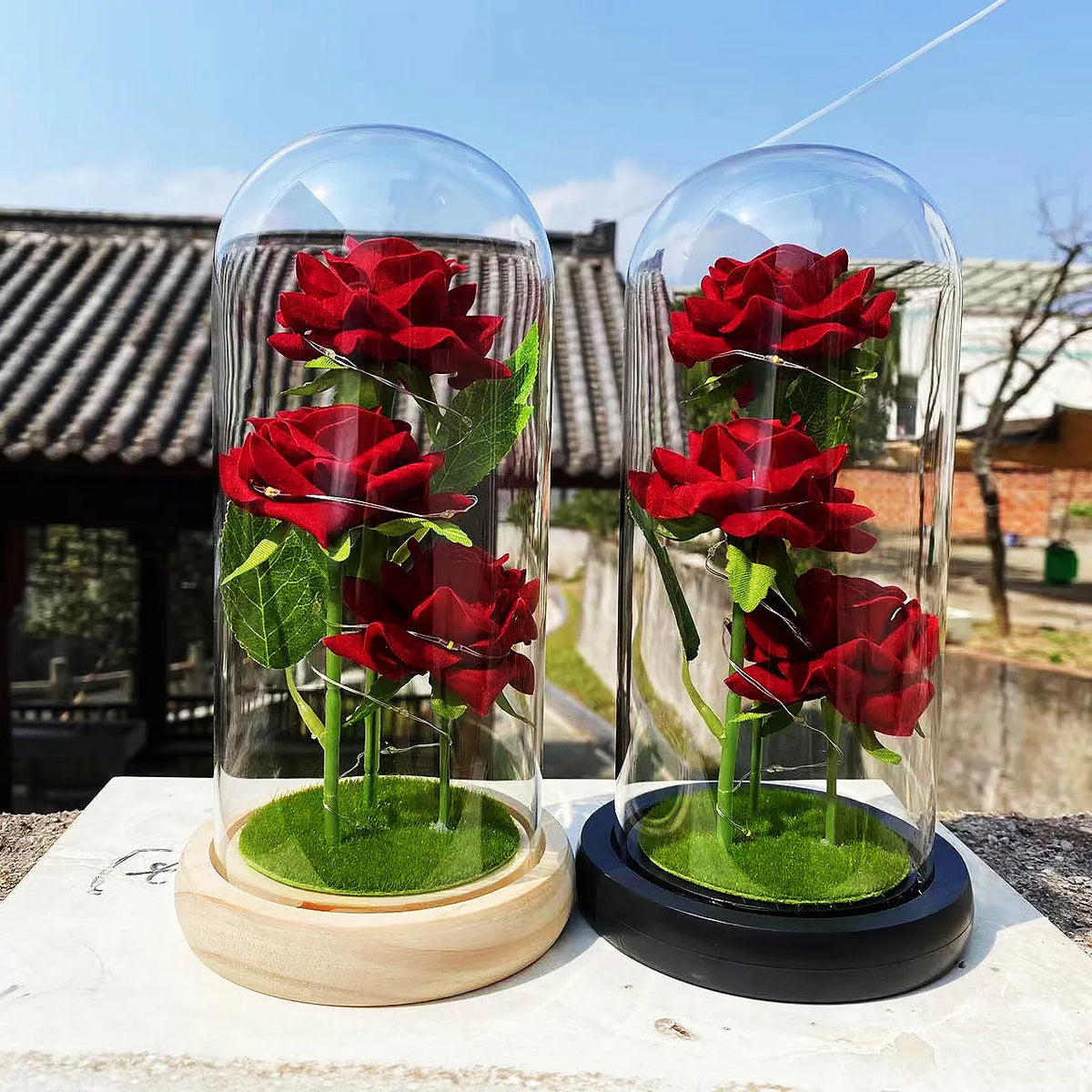 LED-Galaxie-Rosen unter Glaskuppel – 3 Rosen als leuchtendes Valentinsgeschenk