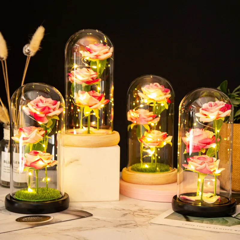 LED-Galaxie-Rosen unter Glaskuppel – 3 Rosen als leuchtendes Valentinsgeschenk