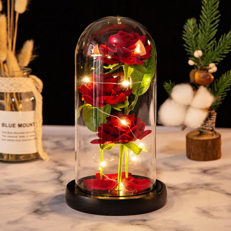 LED-Galaxie-Rosen unter Glaskuppel – 3 Rosen als leuchtendes Valentinsgeschenk