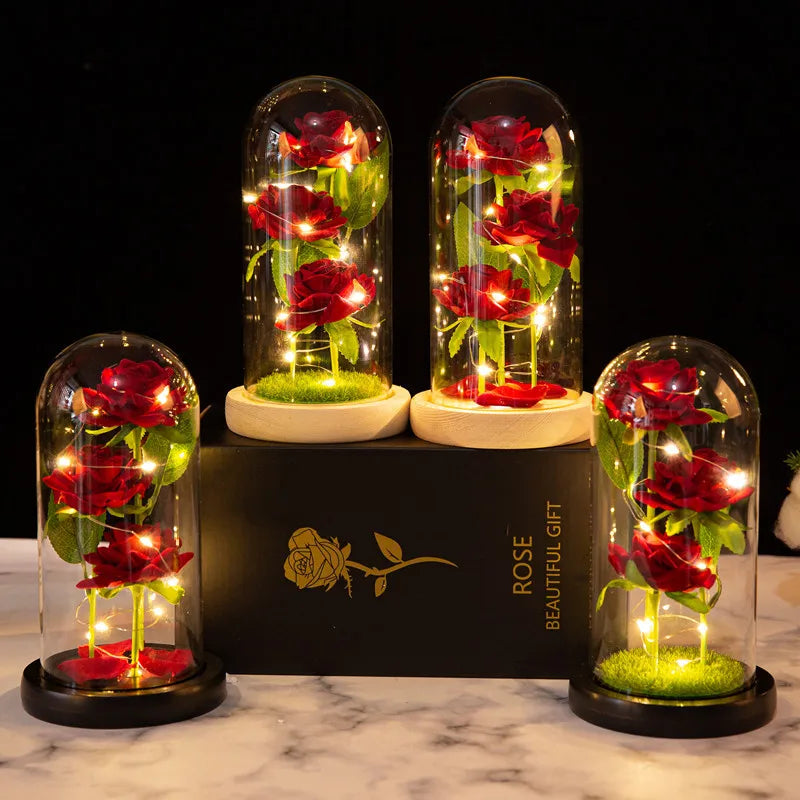 LED-Galaxie-Rosen unter Glaskuppel – 3 Rosen als leuchtendes Valentinsgeschenk