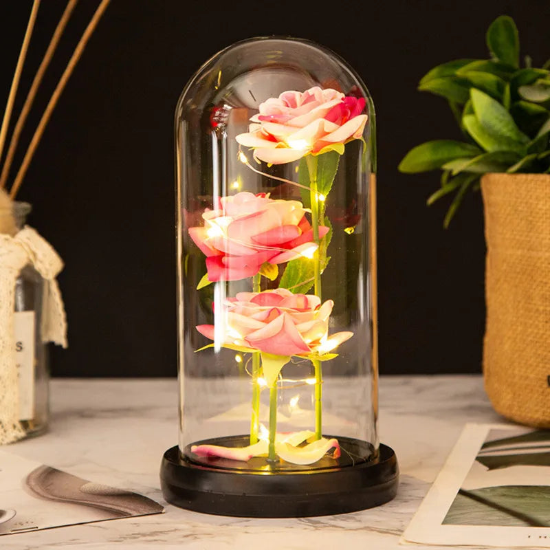 LED-Galaxie-Rosen unter Glaskuppel – 3 Rosen als leuchtendes Valentinsgeschenk
